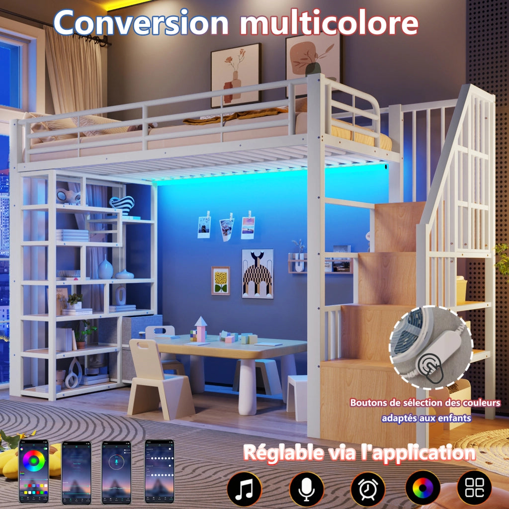 Letto a soppalco 90x200 cm con cassetti in tessuto; spazio sottostante; LED; ripiano; gradini e parapetto; metallo bianco