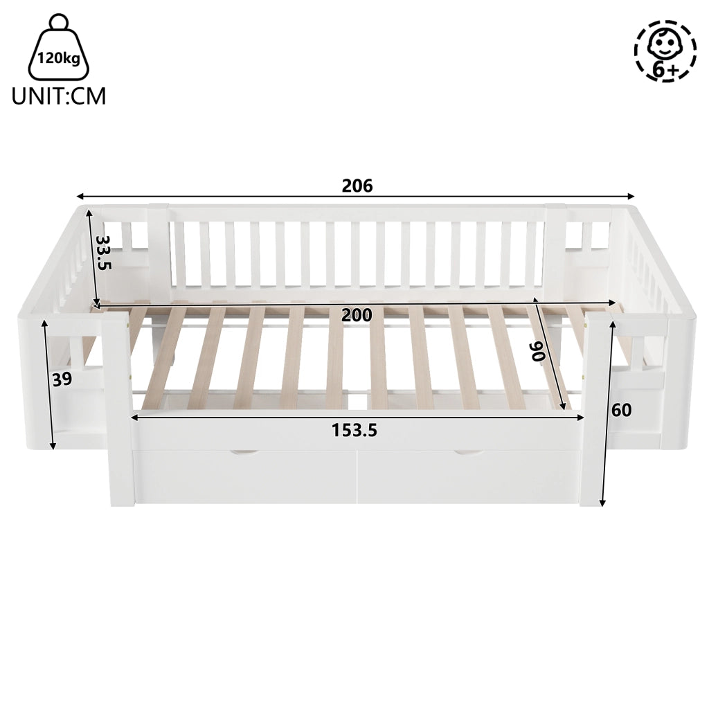 Letto a piattaforma 90 x 200 cm con sponda protettiva e due cassetti, in legno massiccio e MDF bianco per bambini