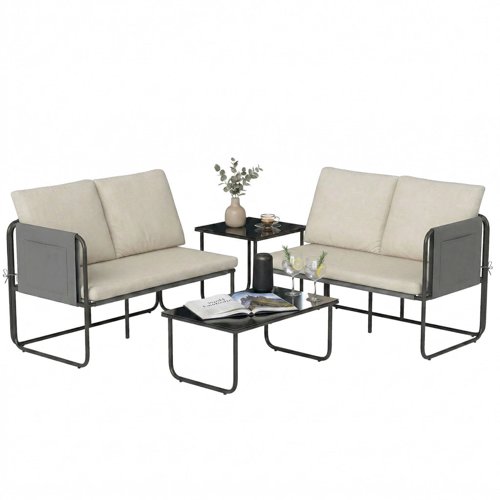 Set giardino esterno 4 pezzi ¨C zephmum ¨C 2 divani 2 posti 2 tavolini vetro cuscini copridivano caqui