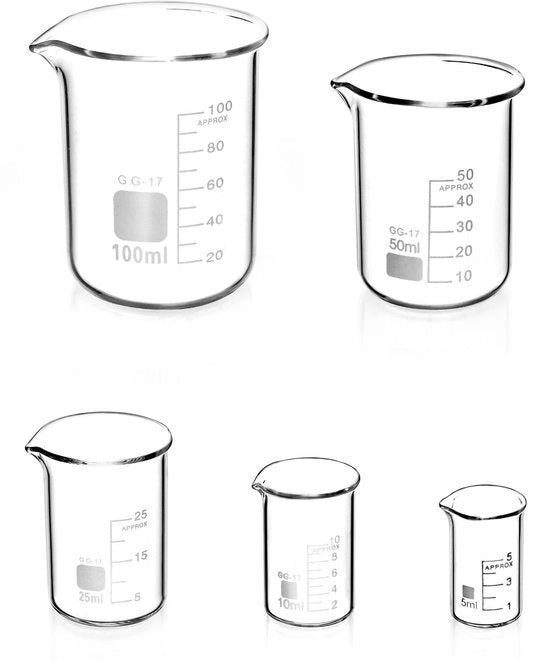Set di Bicchieri di Precisione a 5 pezzi - Vetro Borosilicato - Capacità 5ml/10ml/25ml/50ml/100ml - Scala di Misura Chiara - Resistente al Calore - Facile da Versare - Laboratorio