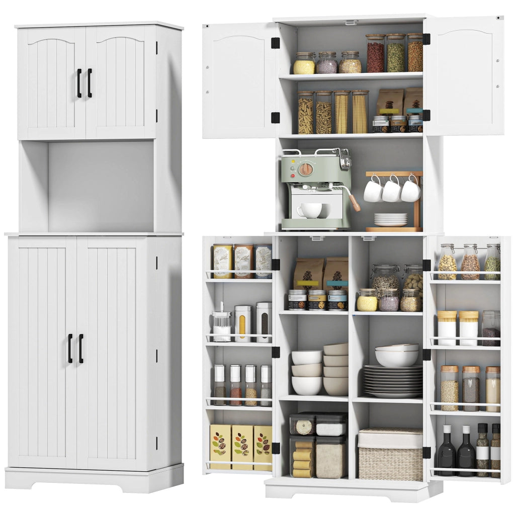 Credenza da Cucina Alta Stile Country, 2 Armadietti e 8 Portaspezie, 60x40x181.5 cm, Bianco