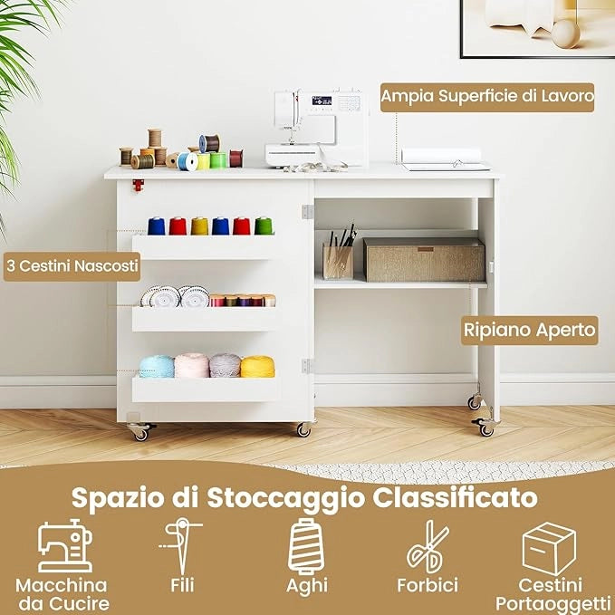 Tavolo da Cucito Pieghevole, Mobile per Macchina da Cucire con Ripiano Portaoggetti, 3 Scomparti Nascosti e Ruote Bloccabili, Mobile Multiuso per Piccoli Spazi (Bianco, 118,5 x 40 x 79,5 cm)