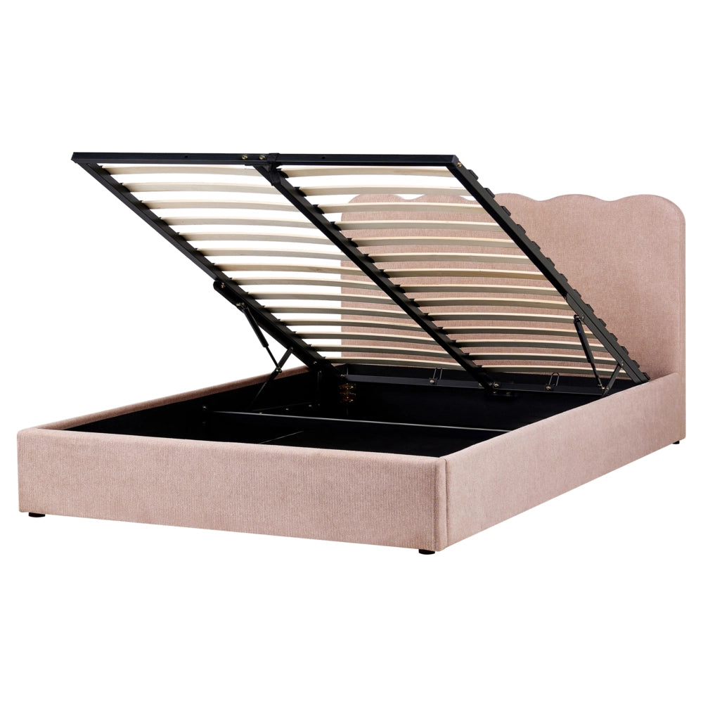 Letto in tessuto rosa pastello 160 x 200 cm contenitore elevabile con testiera e rete a doghe