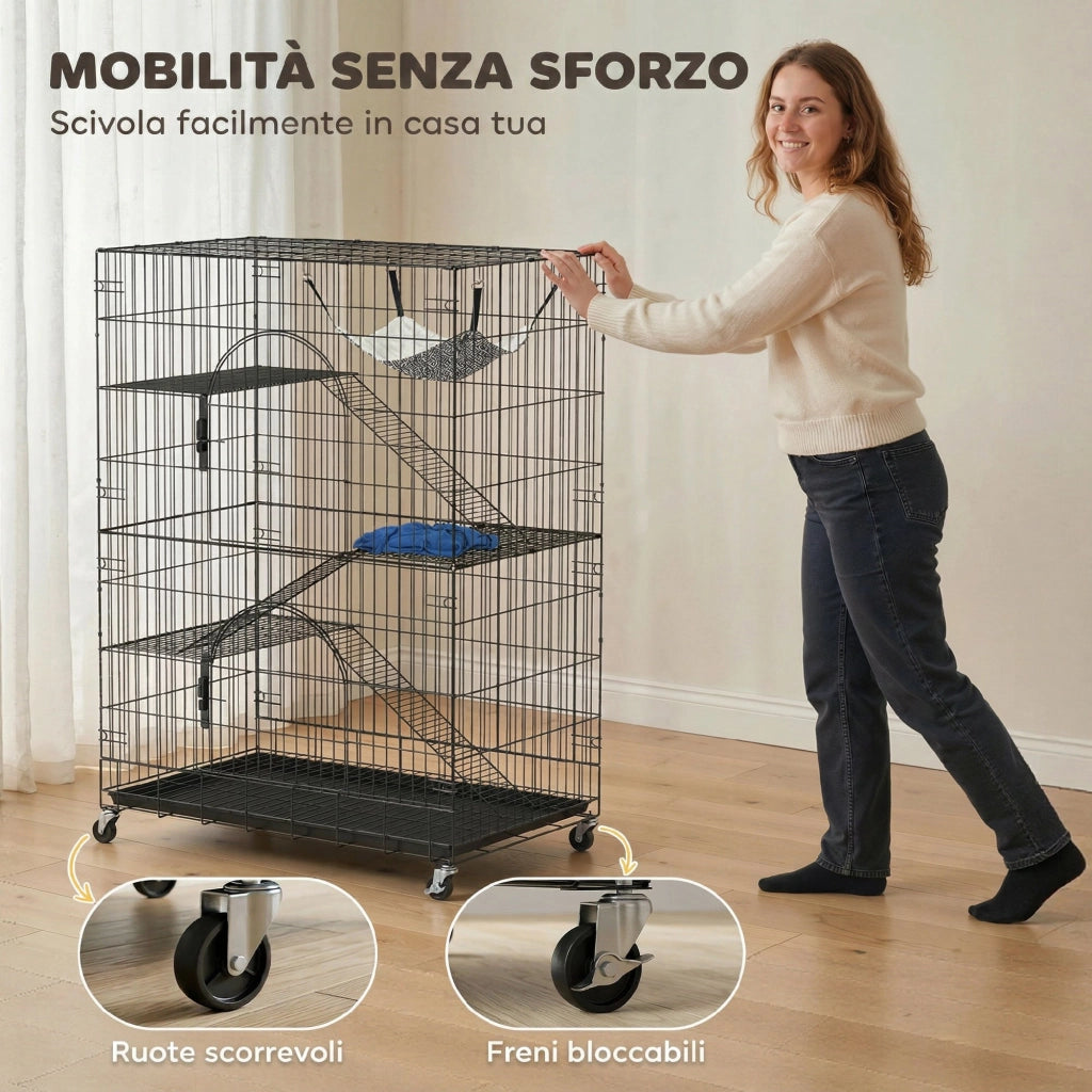 Gabbia Gatti a 4 Livelli con Letto e Amaca ¨C Zephmum ¨C Nero, Metallo, con Ruote e Vassoio Estraibile
