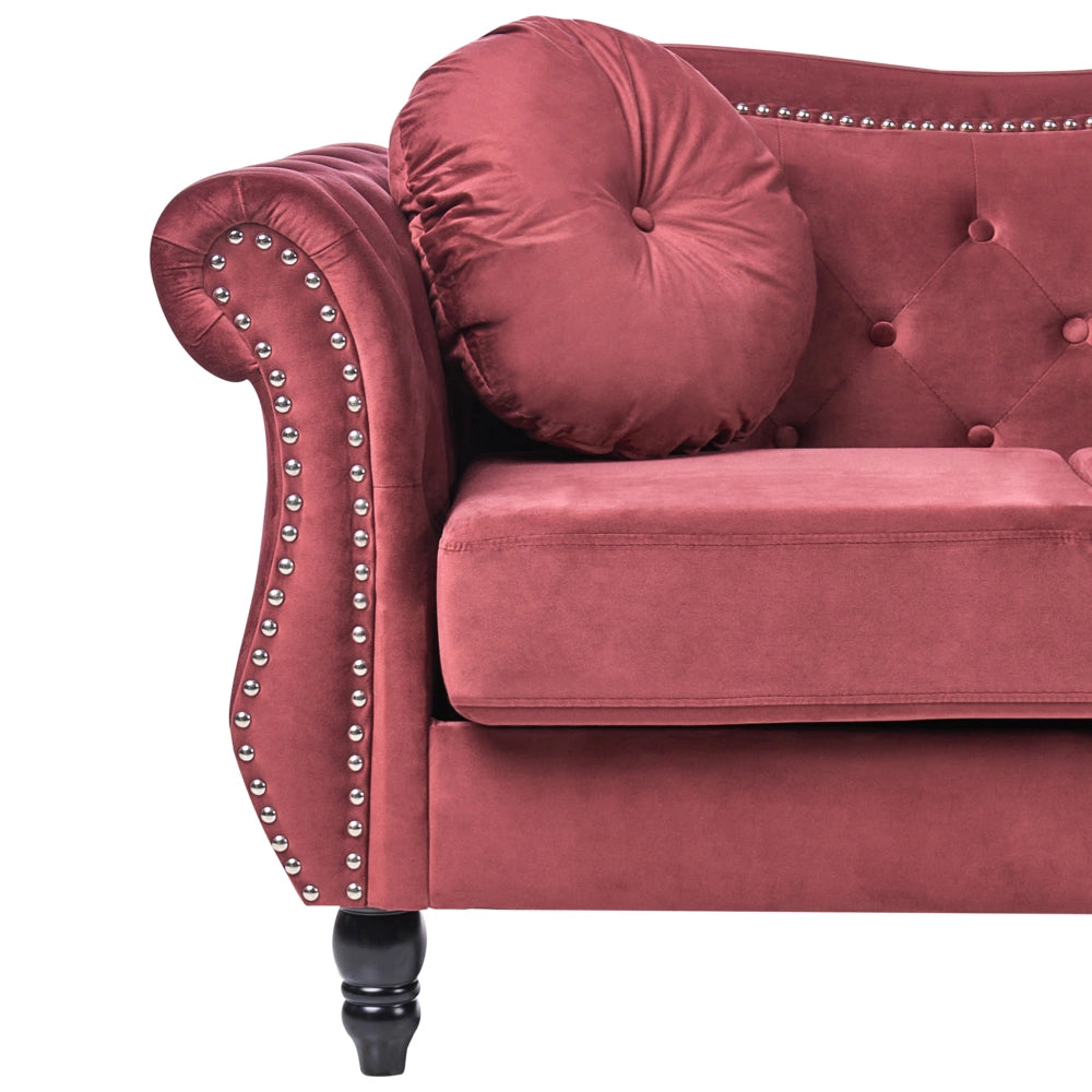 Set soggiorno Velluto rosso 2 posti 3 posti Bottoni con rifiniture a punta trapuntata Cuscini Braccia arrotolate Glam
