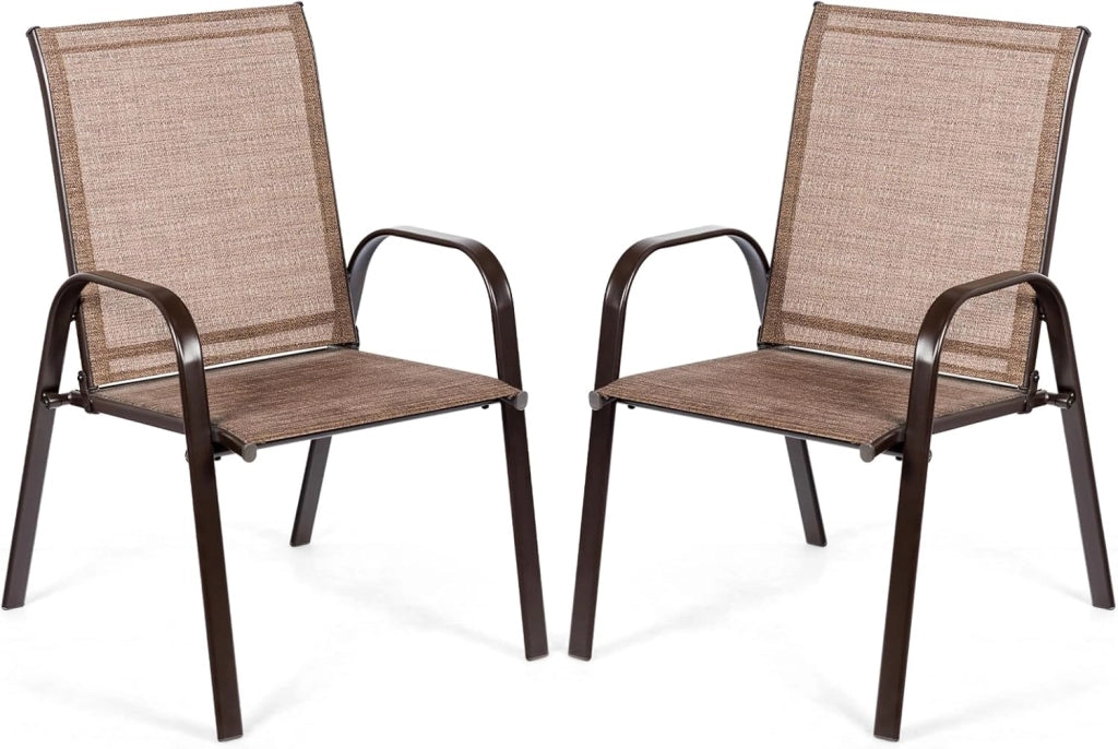 Set di 2 Sedie da Giardino, Sedie da Giardino per Patio in Textilene, con Braccioli Curvi, Telaio in Metallo, Sedia da Bistrot Portata 200 kg, Per Giardino Patio, 56 x 72 x 90 cm (Marrone)