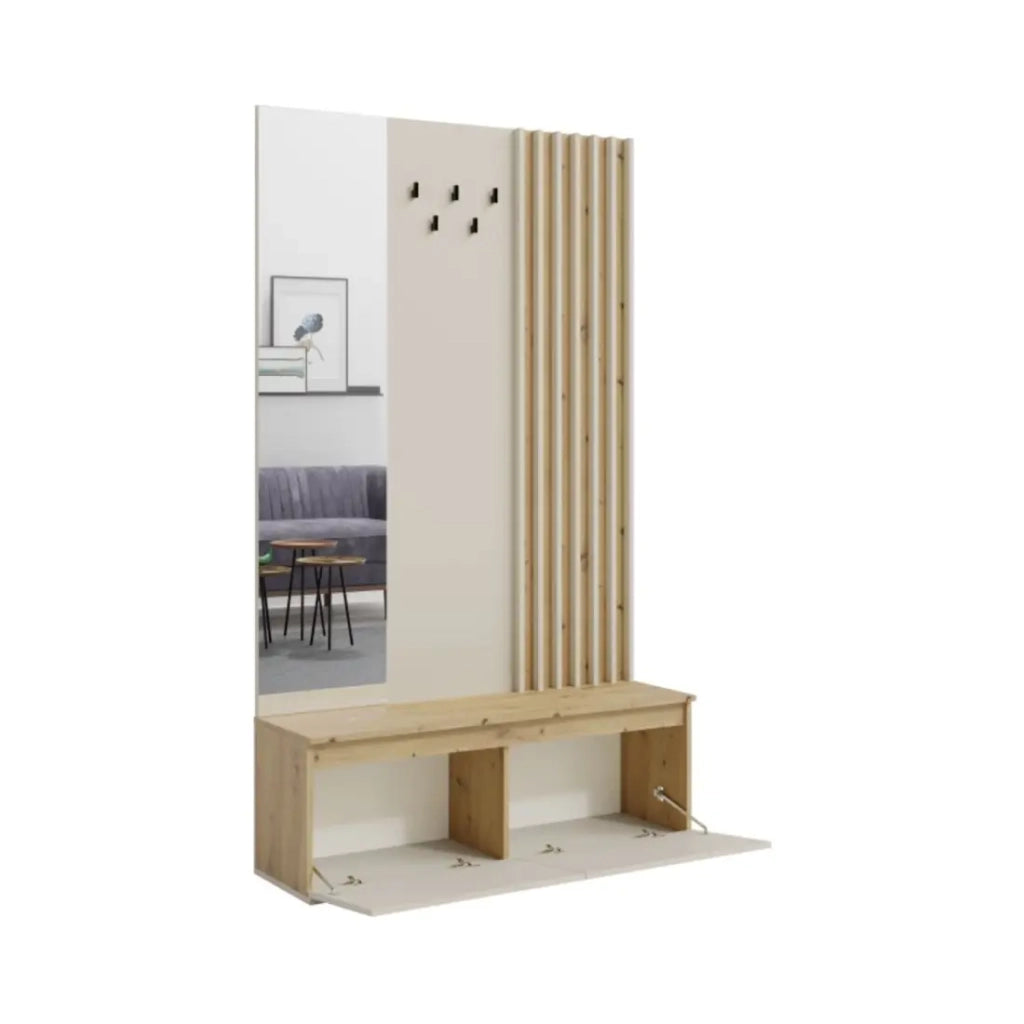 Mobile da ingresso Mone 120 cm con appendiabiti, specchio e vani contenitore – Rovere chiaro e beige cachemire