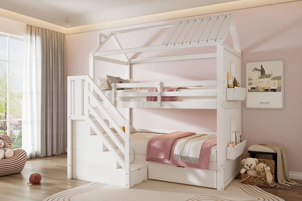 DESMIU Letto a castello per bambini 90 × 200 cm con scala contenitore, cassetti e ripiani, senza materasso, bianco