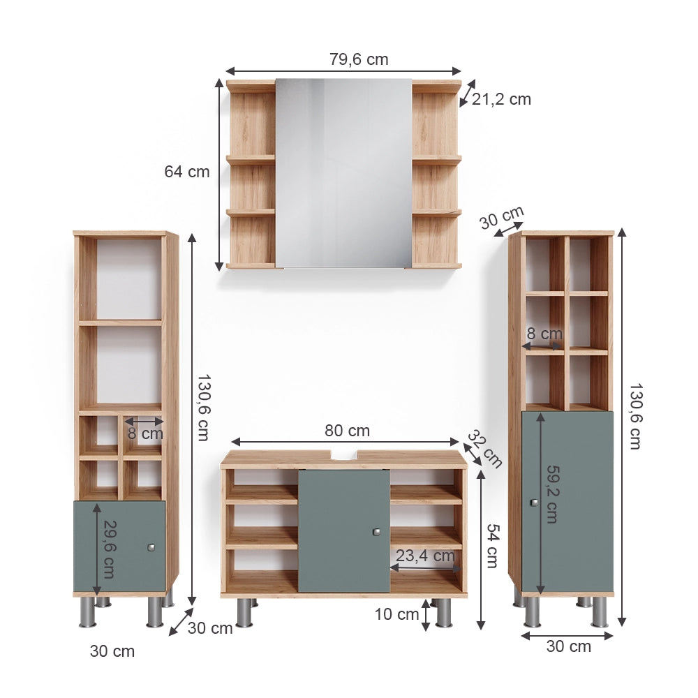 Vicco Set mobili bagno Verde 4 parti, con armadio alto