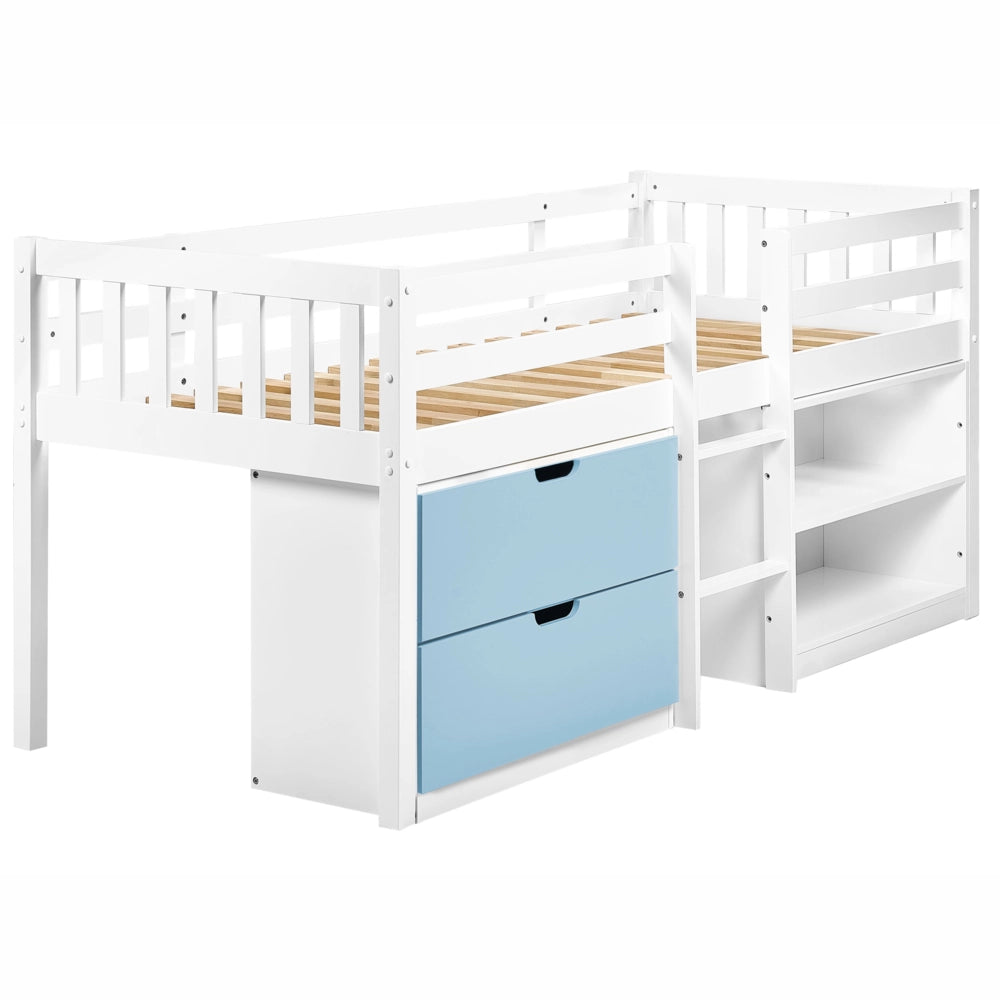 Letto per bambini bianco e blu in legno 90 x 200 cm con rete a doghe, cassetti e ripiani, letto per bambini piccoli