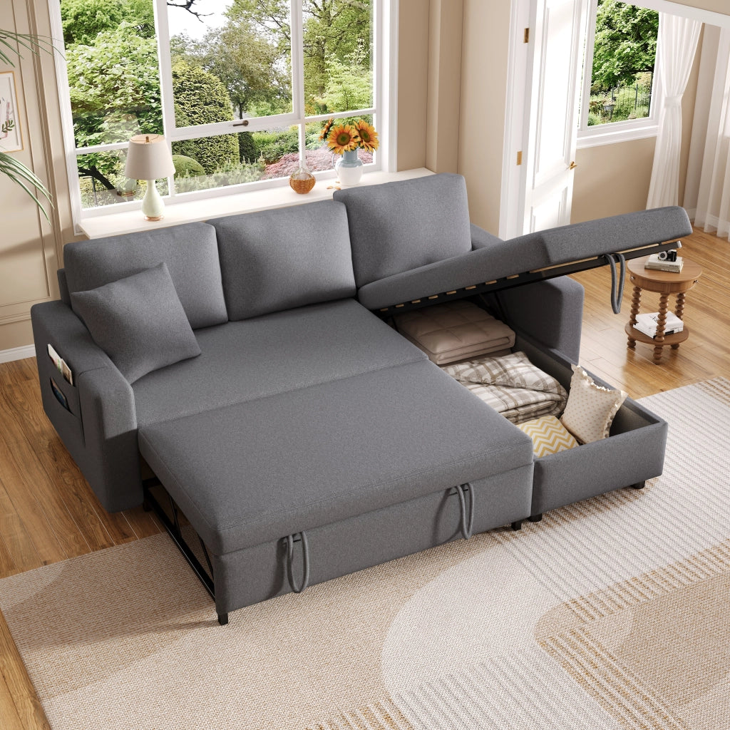 DIVANO LETTO Angolare reversibile 219,5x142,5x83 cm Lino Grigio Scuro con 2 cuscini