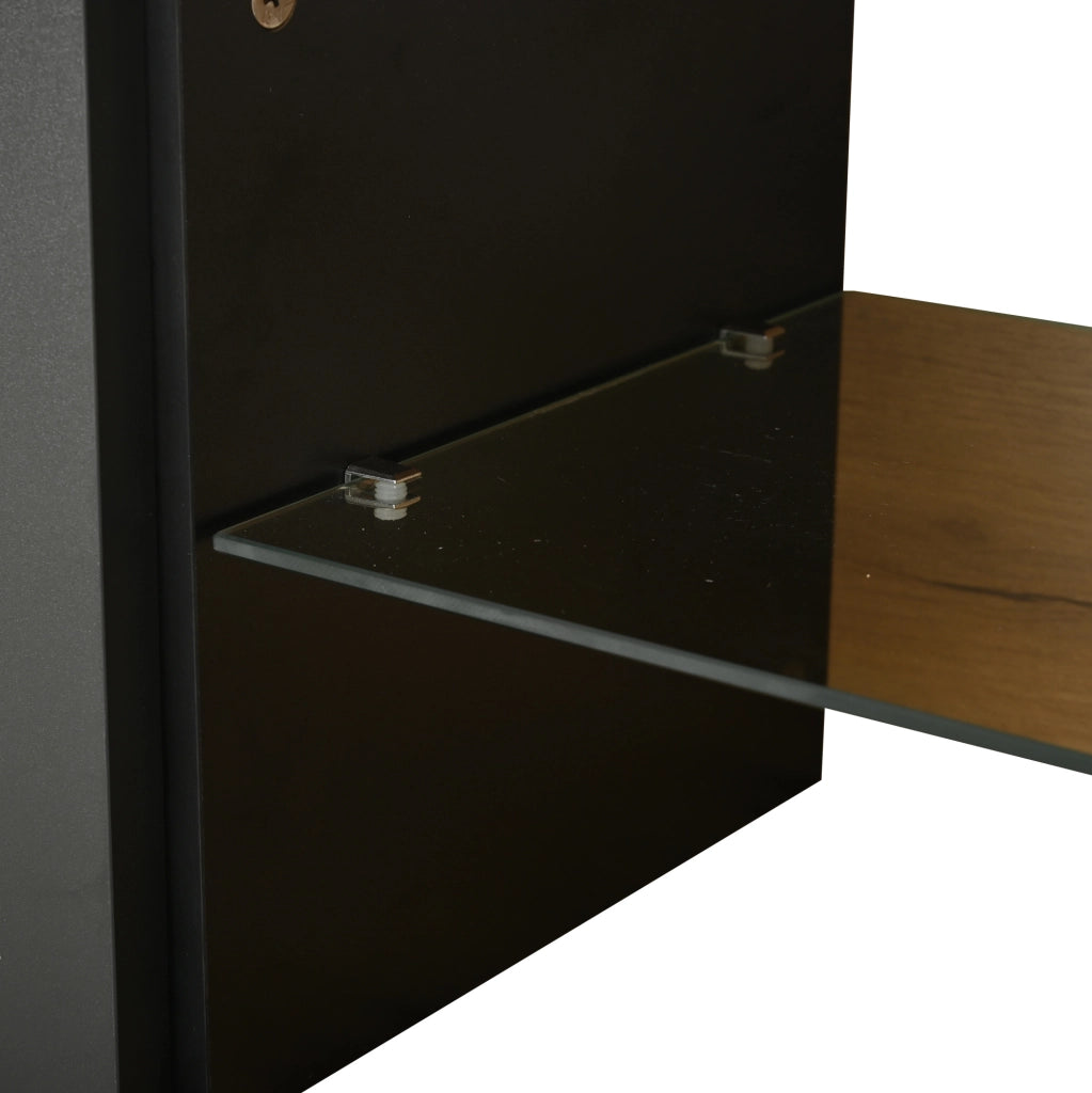 Mobile TV 175x31.5x45 cm con 3 ante e ripiano centrale in vetro temperato; truciolare naturale e nero