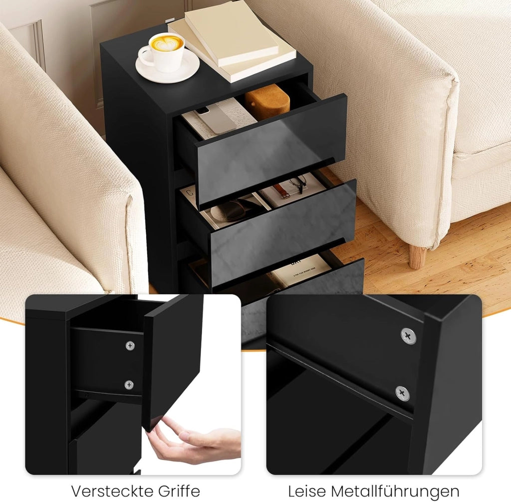 Comodino per Camera da Letto, Mobiletto Nero con 3 Cassetti, Cassettiera Piccola Salvaspazio in Legno, con Guide Metalliche, Design Moderno, 40x35x62cm, 0014CTG