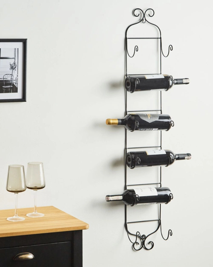 Scaffale da parete per 6 bottiglie di vino in metallo per bottiglie nero stile moderno