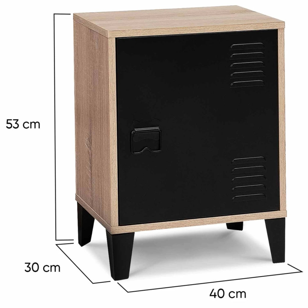 IDMarket - Comodino ESTER effetto legno con 1 anta in metallo nero, design industriale