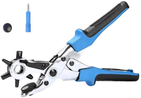 Riemponstang - 22,5 cm - 6 fori a rullo circolare 3,5 mm, 4 mm, 4,5 mm, 7*3 mm, 8*3,5 mm, 6*4,5 mm - Incluso con piastre di riempimento e chiave a batteria - Strumento rotante con più fori per cinture orarie, cinture, collari per cani, tessuti, DIY