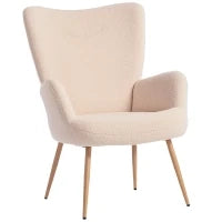 Poltrona Moderna in Tessuto Sherpa Imbottita con Schienale Alto e Braccioli, Beige