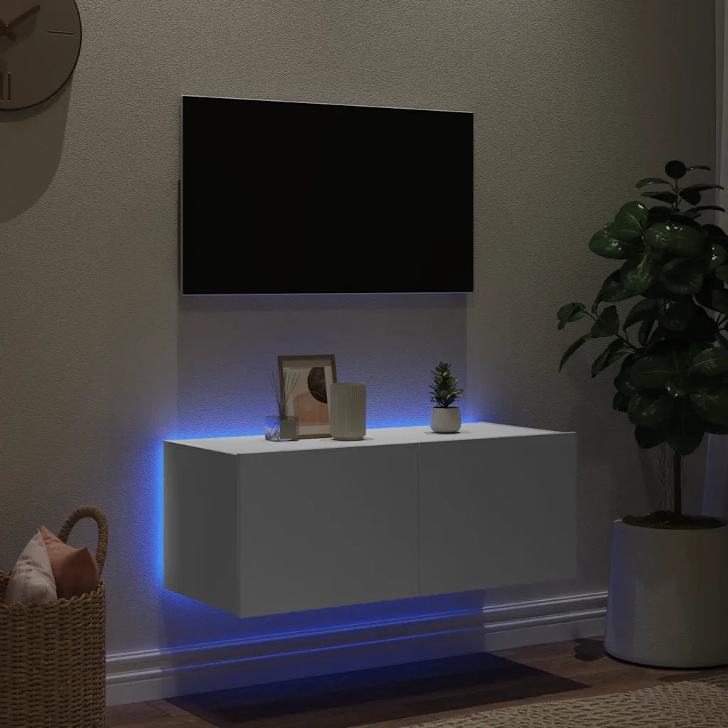 Mobile TV a Parete con Luci LED-Mobile TV a Muro Bianco 80x35x31 cm