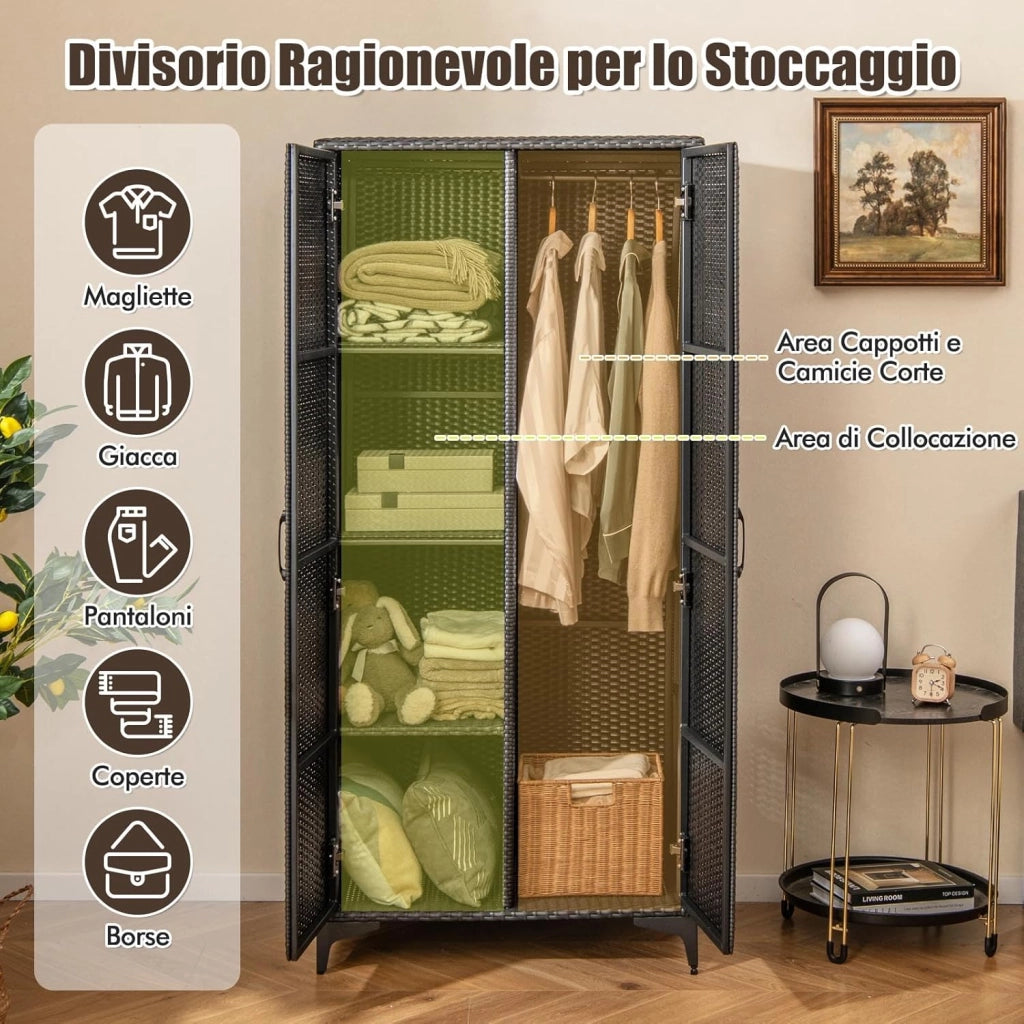 Armadio in Vimini con 2 Ante, Armadio Guardaroba in Rattan PE con Asta Appendiabiti e 4 Cubi di Stoccaggio, per Soggiorno, Camera da Letto e Patio, 72 x 50 x 157 cm (Nero)