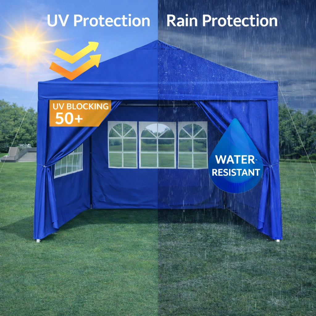 Gazebo da giardino pieghevole impermeabile con 4 pareti laterali e 4 sacchi di sabbia in acciaio blu 3 × 3 m
