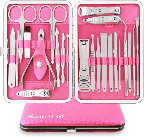Set di Manicure Professionale - Taglieri unghie e Strumenti Pedicure - 23 Pezzi - Acciaio Inossidabile - Rosa/Argento