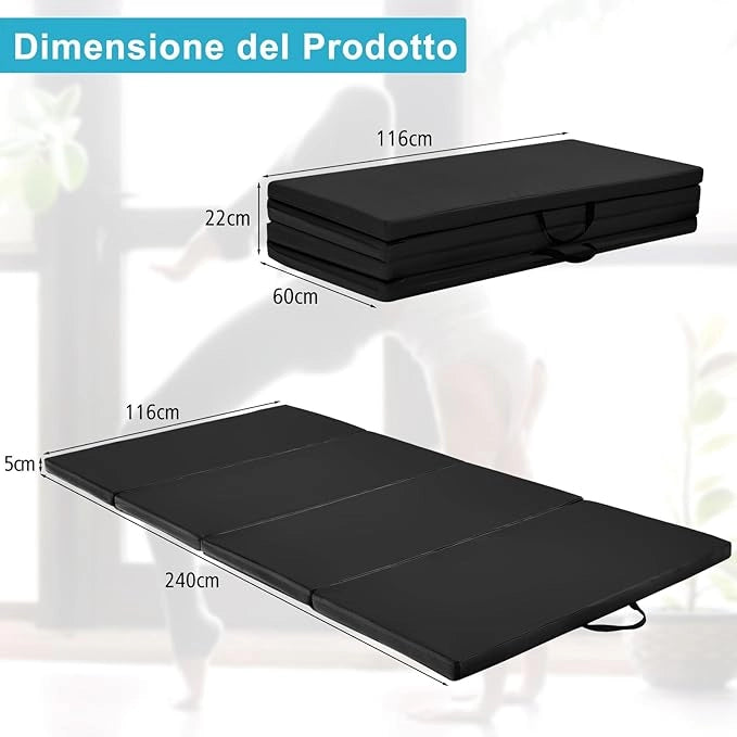 Tappetino da Ginnastica con Maniglia, Gancio, Chiusura a Cerniera e Copertura in Pelle PU Staccabile, Tappetino da Esercizio Pieghevole per Yoga, Stretching e Aerobica(Nero)