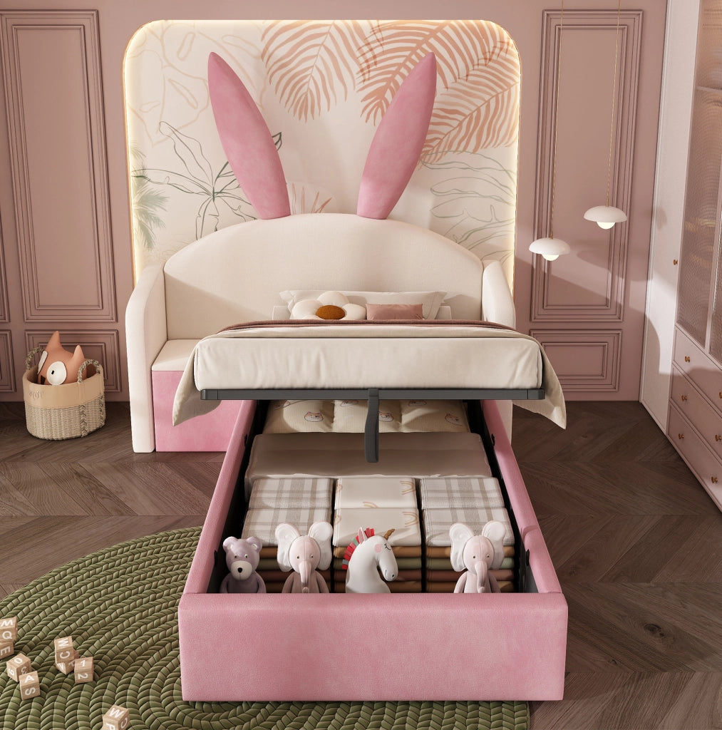 Letto imbottito 90 x 200 cm beige e rosa con contenitore e comodino
