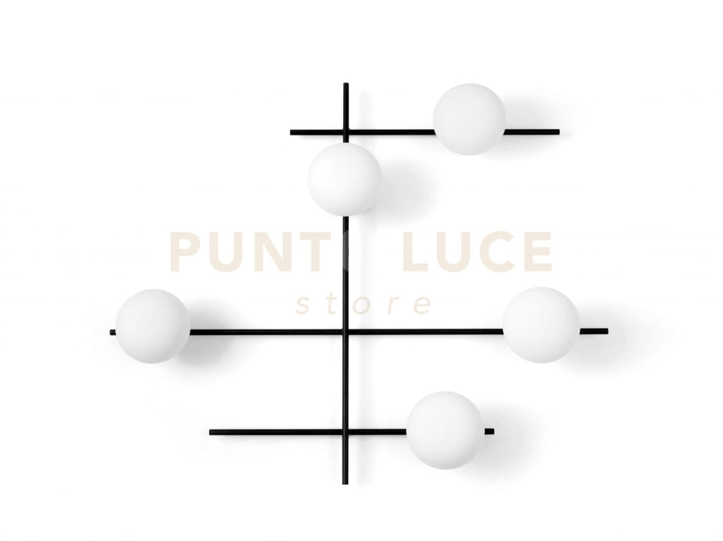 MIKADO LAMPADA DA PARETE O SOFFITTO 5 LUCE  IN METALLO NERO E VETRO SOFFIATO BIANCO D.14CM ATTACCO G9