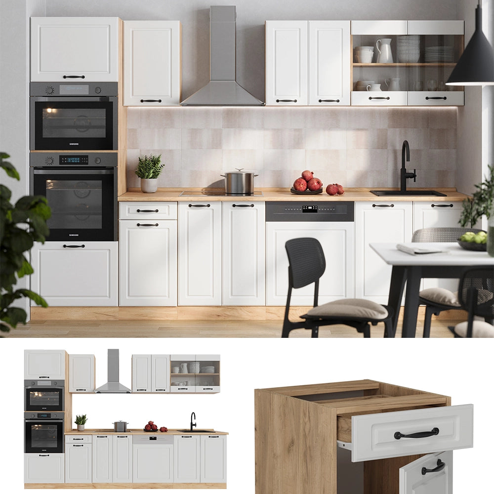 Vicco Cucina componibile Casa di campagna bianca/quercia dorata 300 cm con armadio alto, senza piano di lavoro