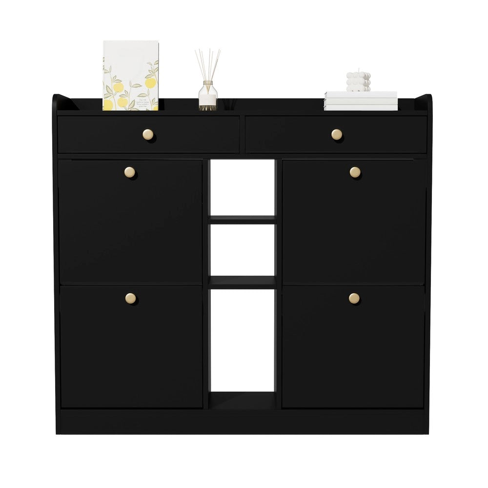 Scarpiera con 4 Ante a Ribalta, 2 Cassetti e 3 Ripiani ¨C MINIMAL ¨C Nero, 110x26x100 cm