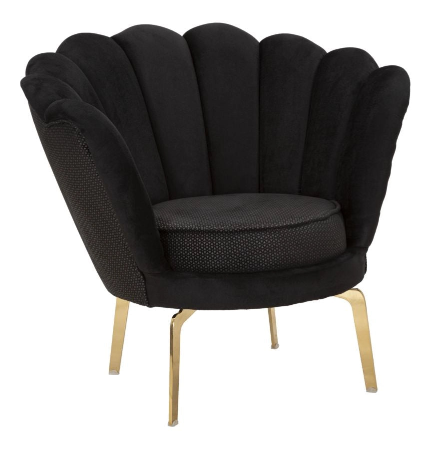 Poltrona elegante, tessuto imbottito nero, gambe metallo dorate 83x76x78cm Vienna Plus