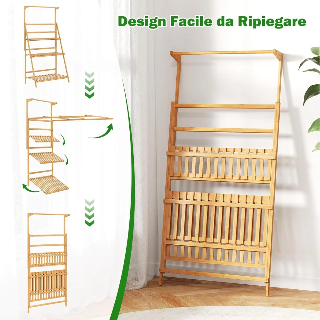 Porta Piante da Interno ed Esterno, Scaffale per Piante e Fiori a 3 Ripiani con Asta Rimovibile, Porta Vasi Pieghevole da Balcone, Giardino e Salotto, 71 x 40 x 144 cm