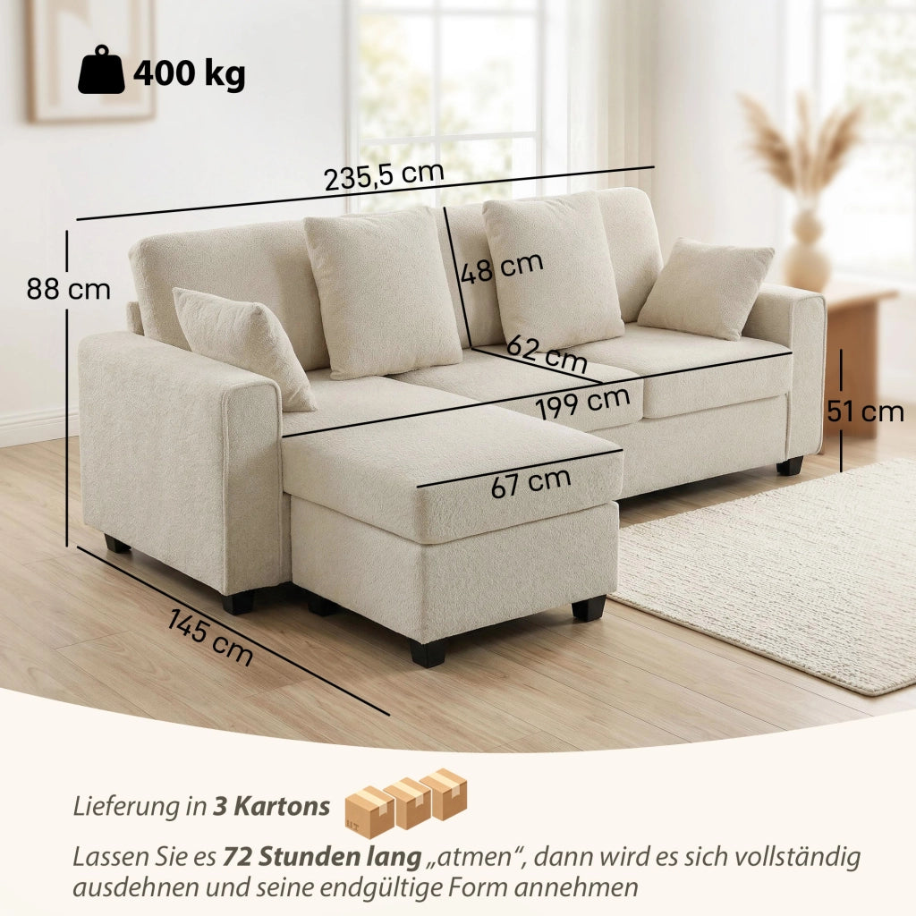Divano angolare con chaise longue reversibile, imbottito, 3 posti, tessuto velluto, beige ¨C zephmum ¨C 90x