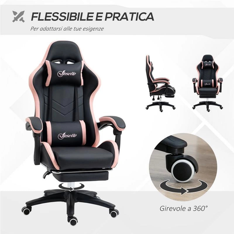 SEDIA DA GAMING CON ALTEZZA REGOLABILE E SCHIENALE RECLINABILE ROSA E NERO