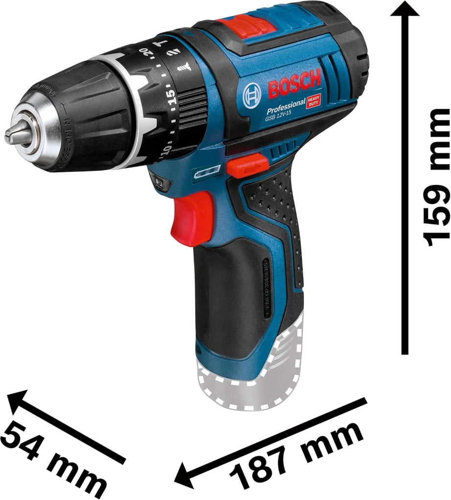 Bosch Professional 12V System Trapano-Avvitatore con Percussione a Batteria Gsb 12V-15, Batteria e Caricabatteria Non Include, in Scatola di Cartone