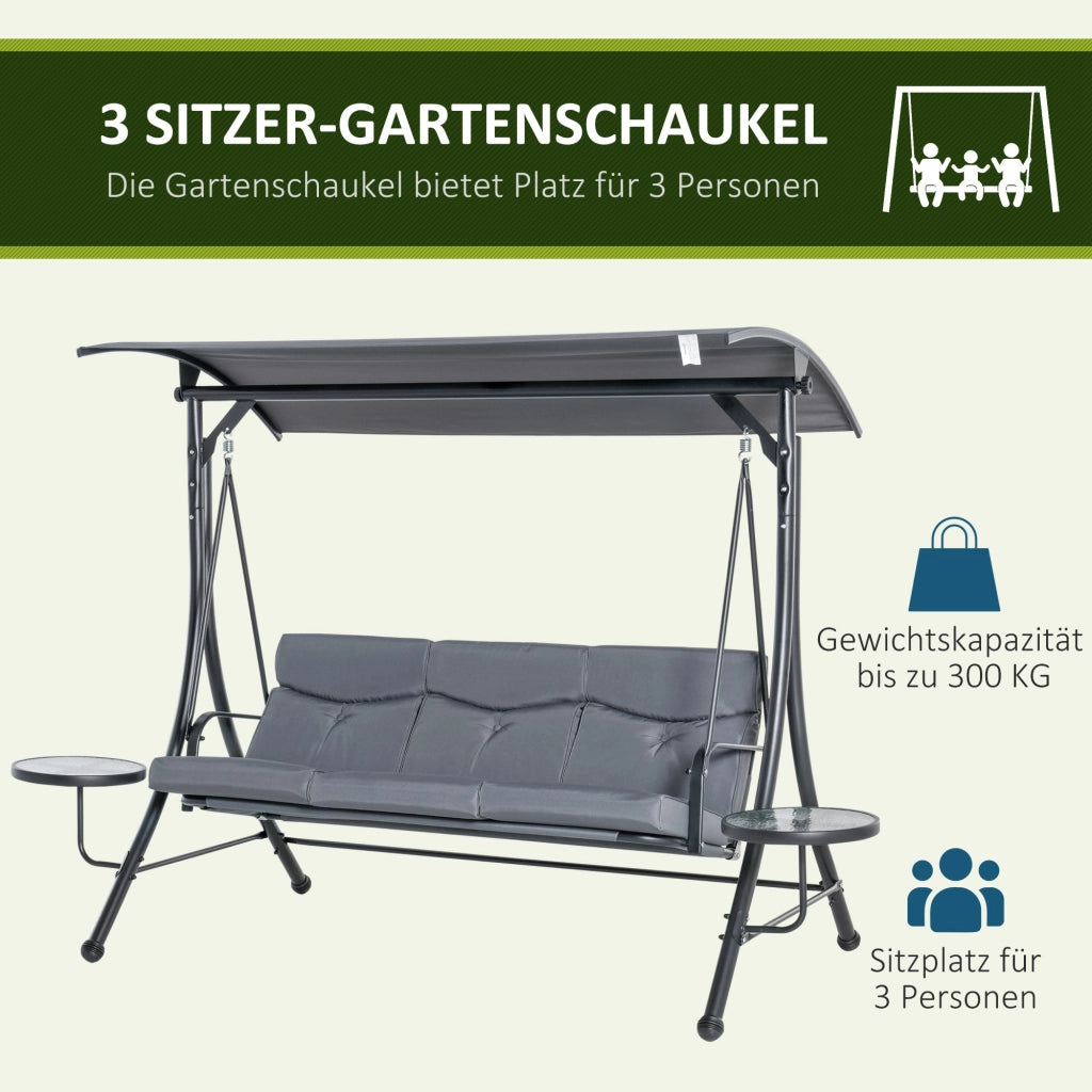 Altalena a 3 posti con tavolino da caffè in metallo con copertura in poliestere grigio e nero 271×125×177cm