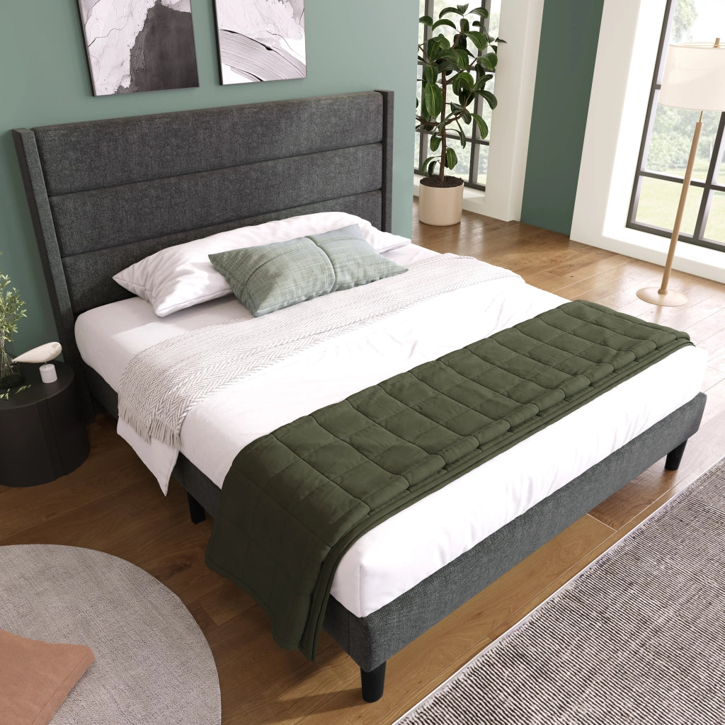 Letto Matrimoniale 140 x 200 cm - Testiera Imbottita e Rete a Doghe - Lino - Grigio