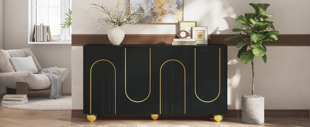 Credenza a 4 ante con incisione a arco dorata e piedi metallici sferici per ingresso e soggiorno 140 × 40 × 74 cm