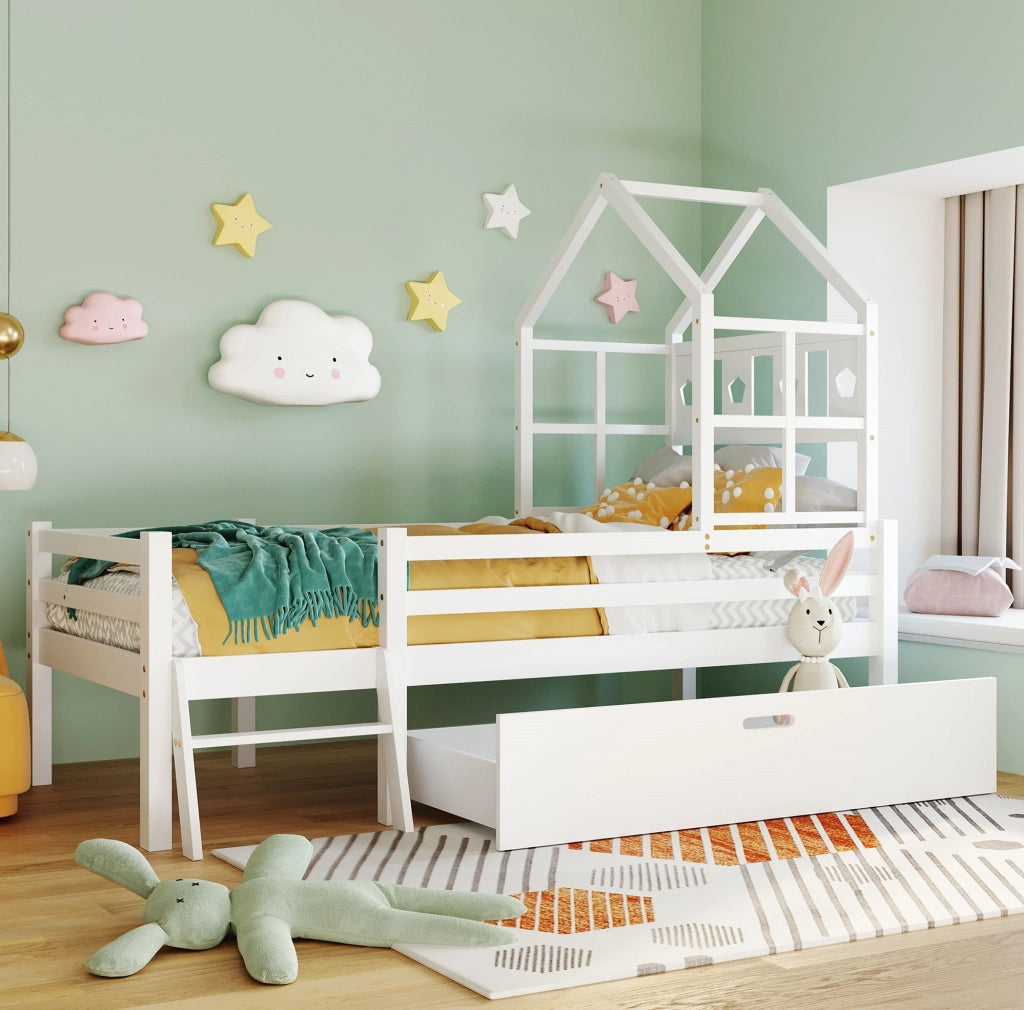 Letto a castello per bambini 207x97x159 cm con scala e cassetto; legno; bianco