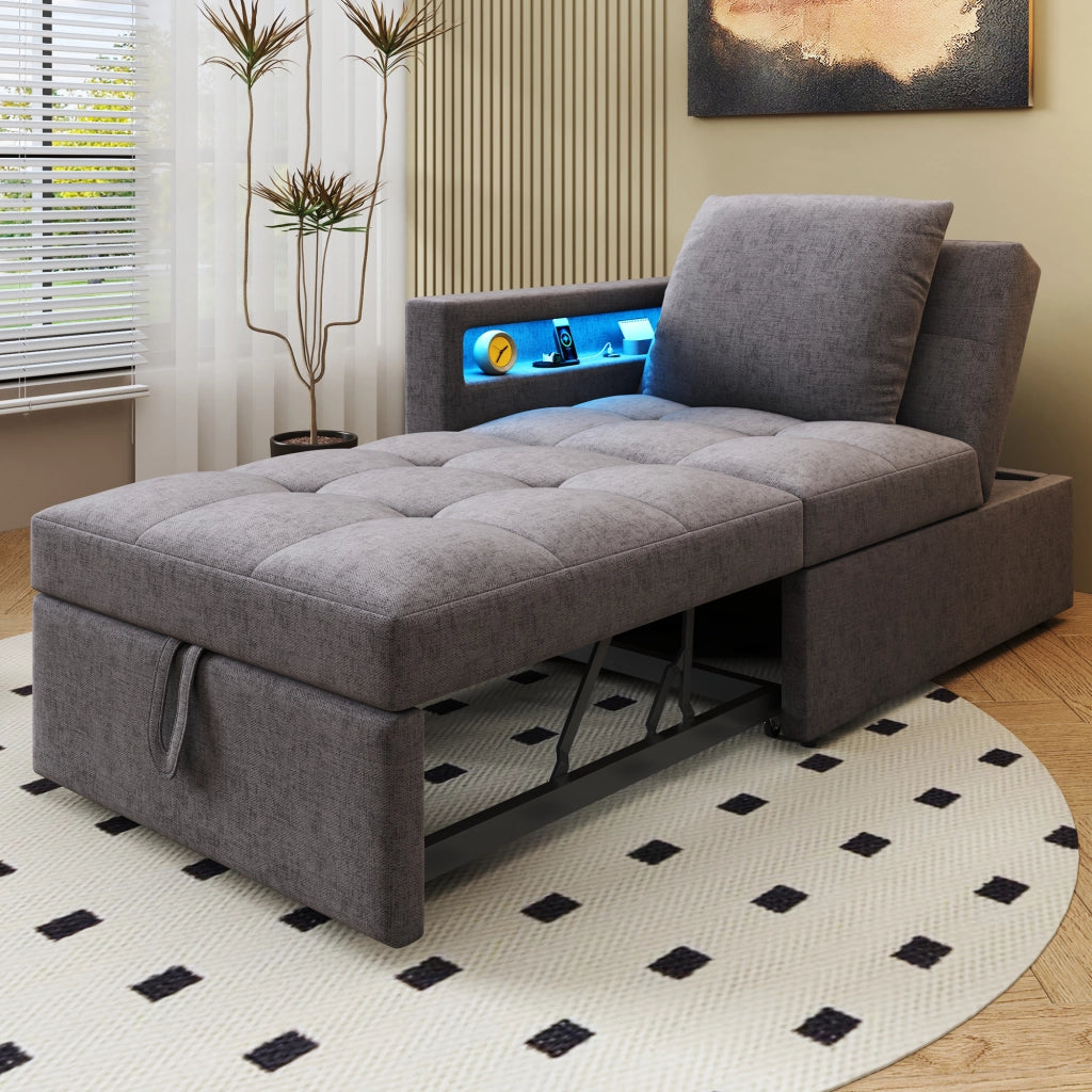 Divano letto 3 in 1 con schienale reclinabile, luci LED e porte USB/Type-C, grigio scuro