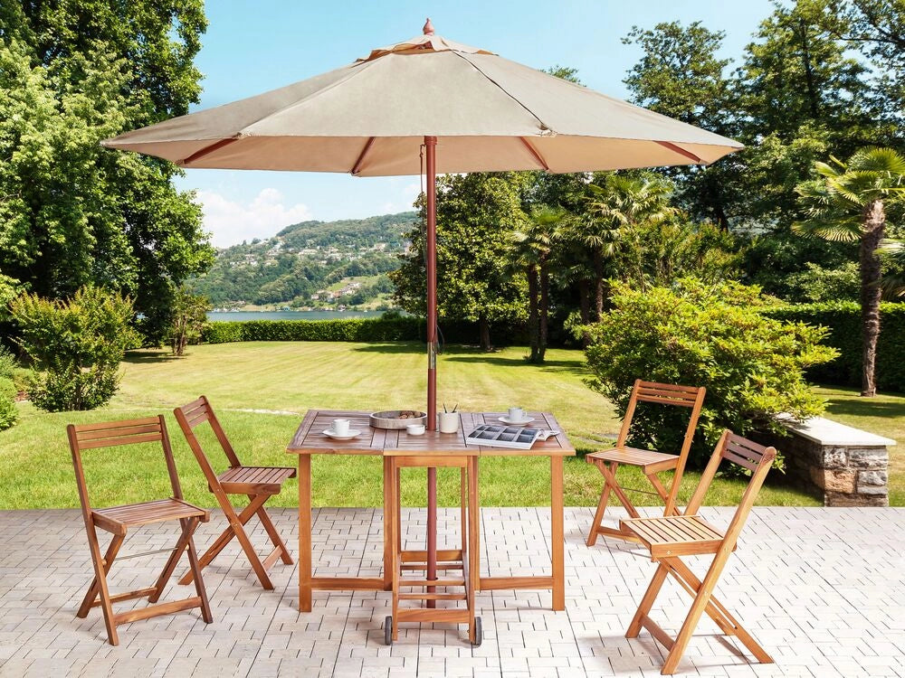 Set da pranzo da giardino con ombrellone Tavolo rettangolare in legno massiccio di acacia chiaro 4 sedie da esterno pieghevoli in stile rustico design moderno