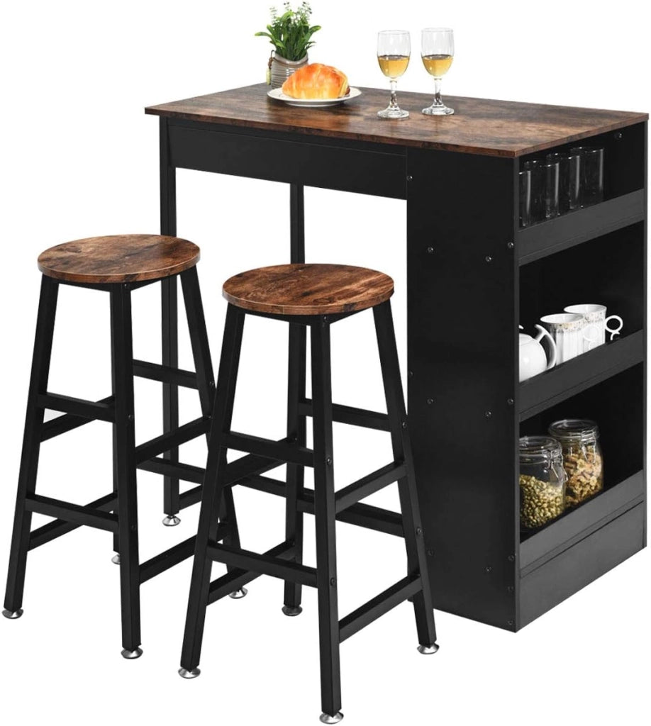Set Tavolo e 2 Sgabelli, Set Mobili da Bar, 3 Pezzi Set da Pranzo, in Stile Industriale, Tavolo con 3 Ripiani di Stoccaggio, Sgabello con Poggiapiedi di Diverse Altezze, Struttura Metallica