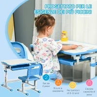 Banco Scuola per Bambini 6-12 Anni con Sedia Regolabile, Cassetto e Piano Inclinabile, 66x47x52-77 cm, Blu