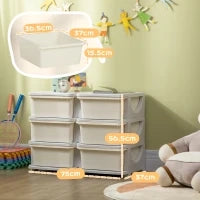 Cassettiera 6 Cassetti per Bambini 3-6 Anni con Bordi Arrotondati, in PP Bianco Crema, 75x37x56.5 cm