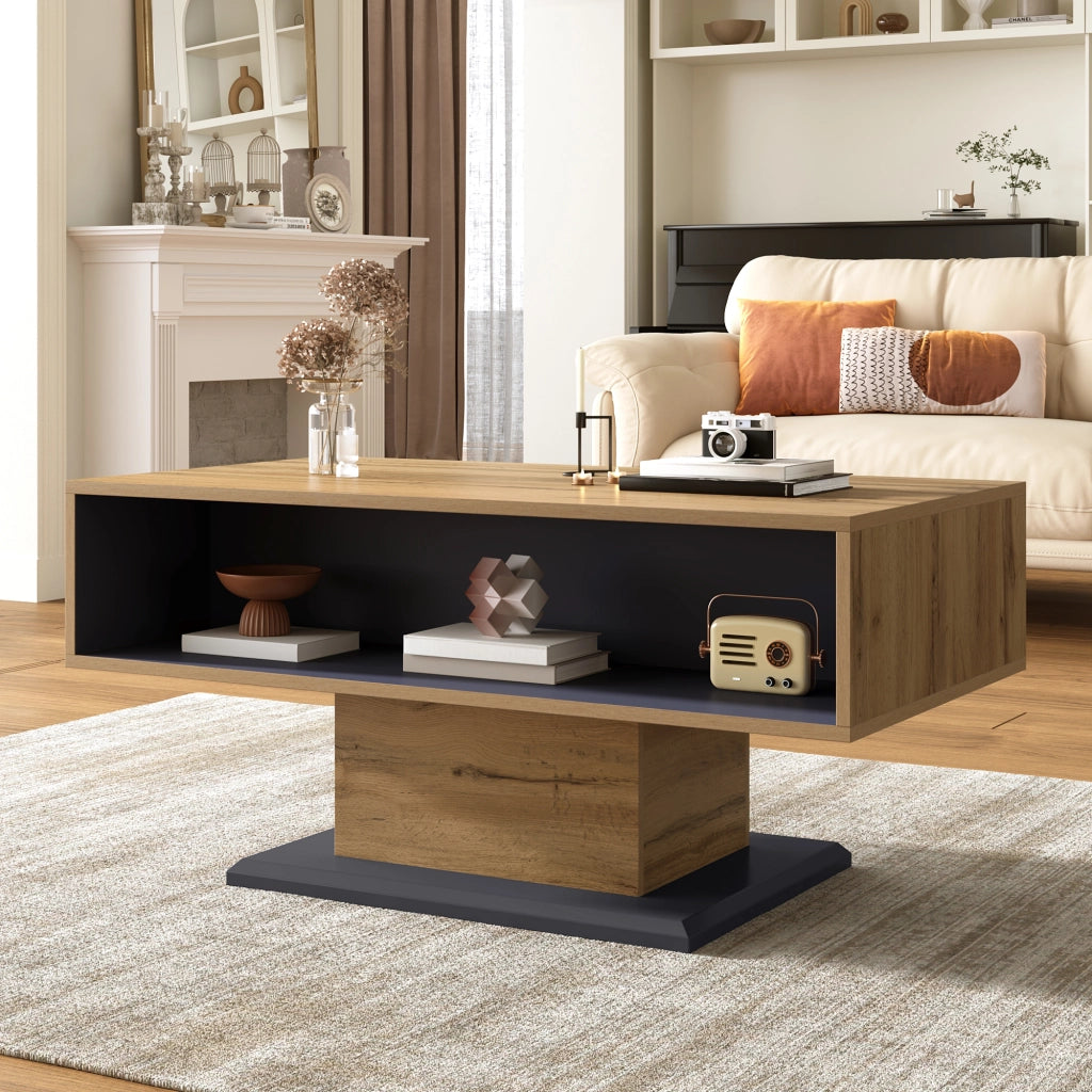 Tavolino da Salotto con Contenitore Bifacciale e Vano Interno; Design Moderno; in Truciolato; Grigio Rovere