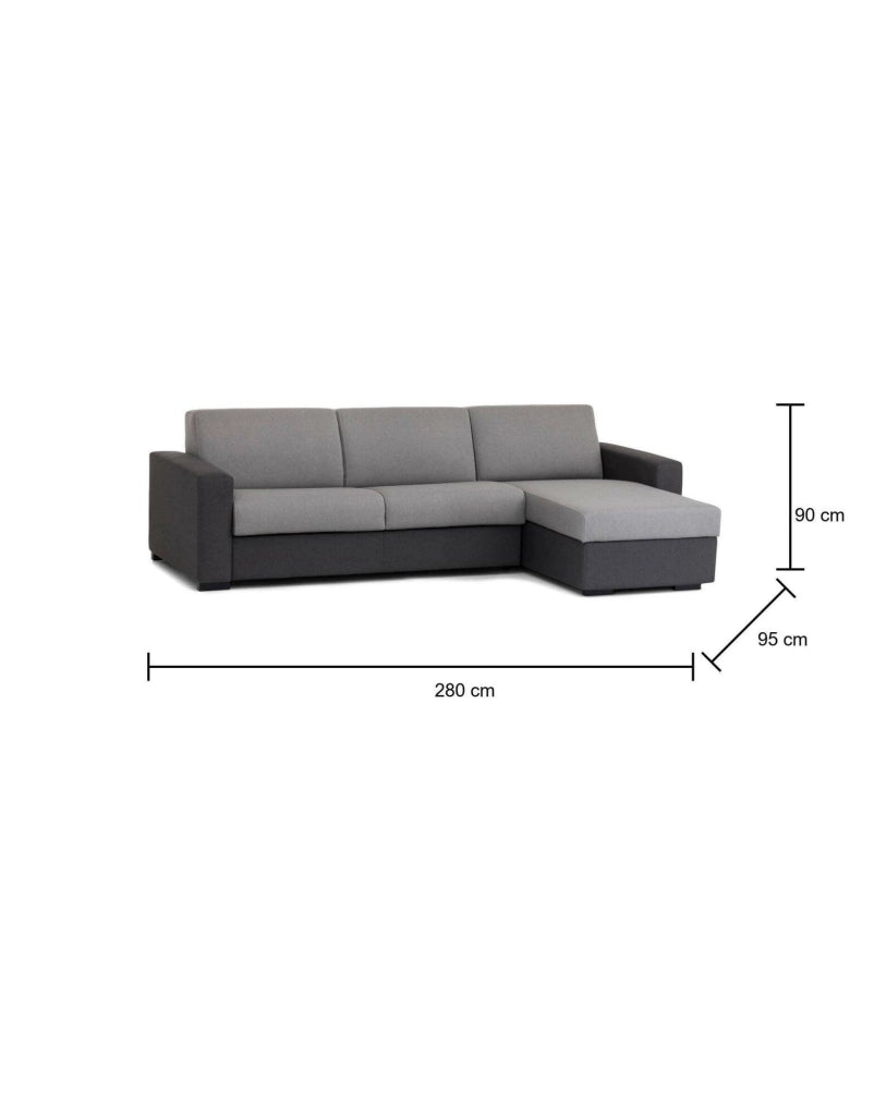 Divano Letto Aika, Divano ad angolo, Made in Italy, SofÒ  con apertura girevole, con Penisola contenitore reversibile, con Braccioli standard, cm 280x95h90, Grigio e Antracite