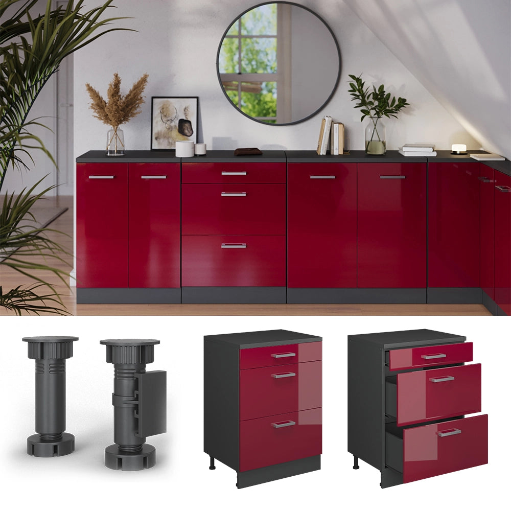 Mobile per mansarda Rion Rosso lucido/Antracite 60 x 83.8 cm senza inclinazione con 3 cassetti Vicco