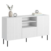 Credenza Malo, Madia da salotto con due ante battenti, un cassetto e due vani aperti, Design con effetto cannettato, 150x42 h82 cm, Bianco