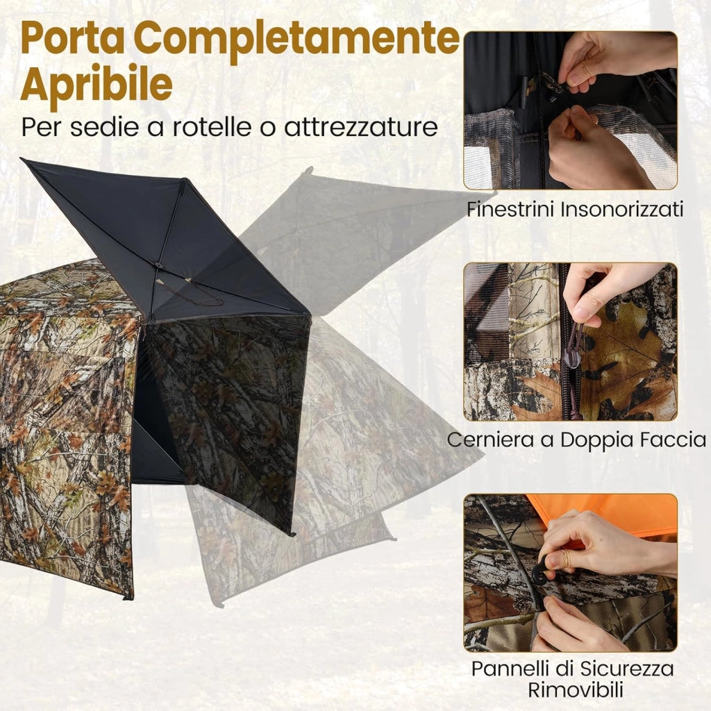 Tenda da Caccia Portatile per 4 Persone, Tenda Pop-Up Camouflage con Finestre Silenziose, Porta Apribile, Pannelli di Sicurezza Rimovibili e Borsa da Trasporto, 140 x 140 x 176 cm