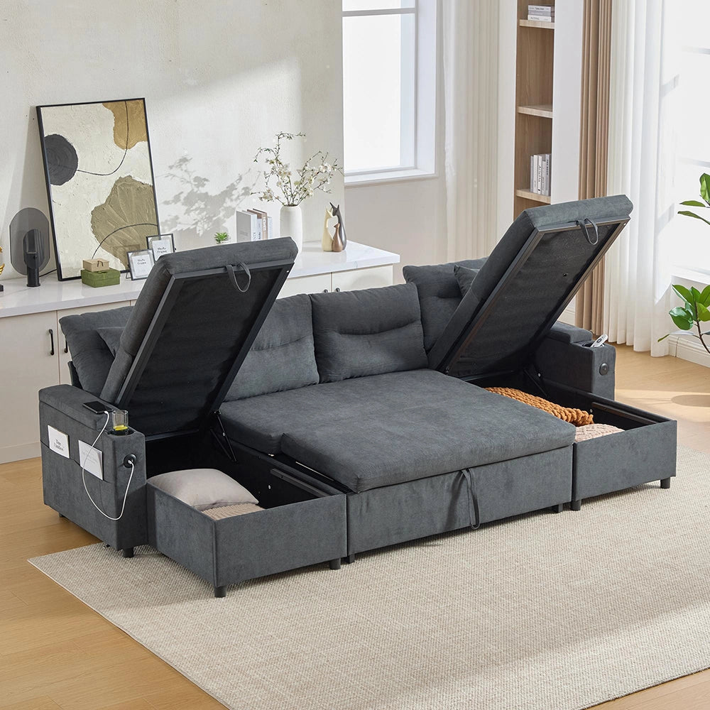 Canap¨¦ moderno per 4 persone - Xylo - Grigio scuro, con chaise longue, spazio di stoccaggio, porta-bicchieri e USB